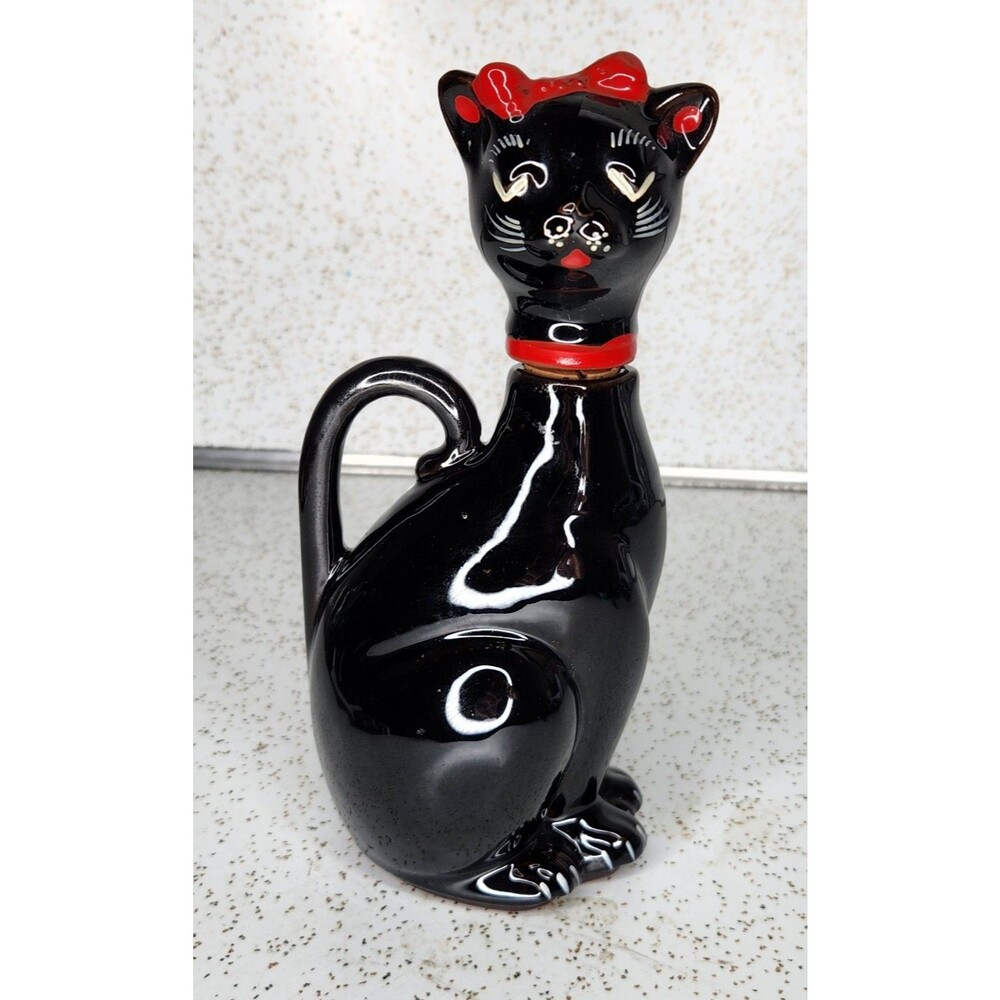 Shafford Japan Redware Black Cat Red Bow Sake Cruet Bottle Vintage HTF Rare
